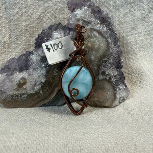 Handmade Wire Wrapped Copper Larimar Crystal Boho Artisan Pendant Jewelry